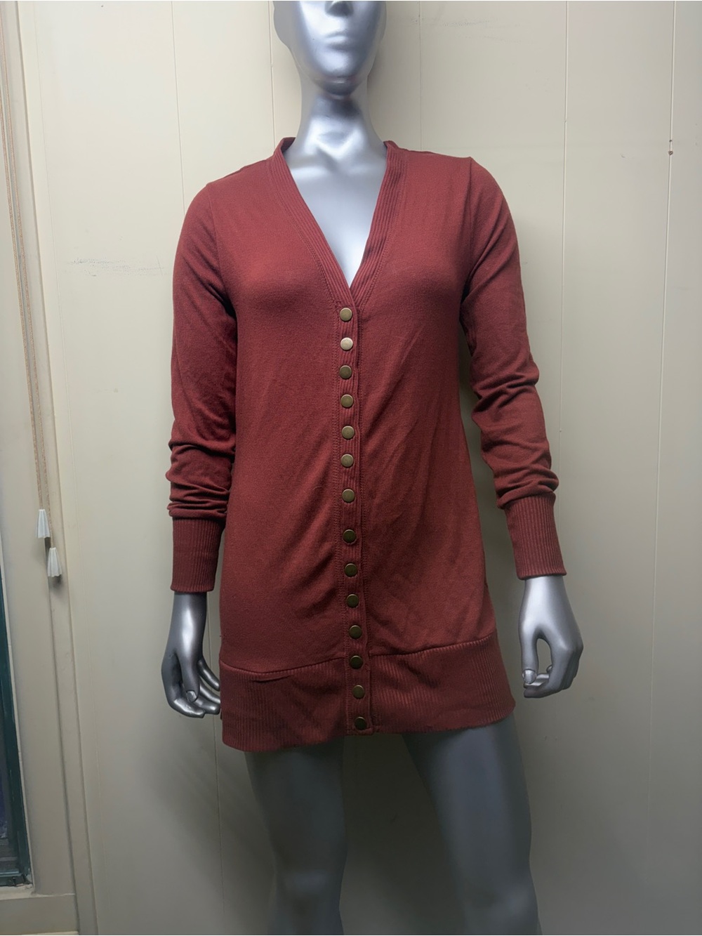 Zenana Outfitters Rust Button-Down V-Neck Long Cardigan